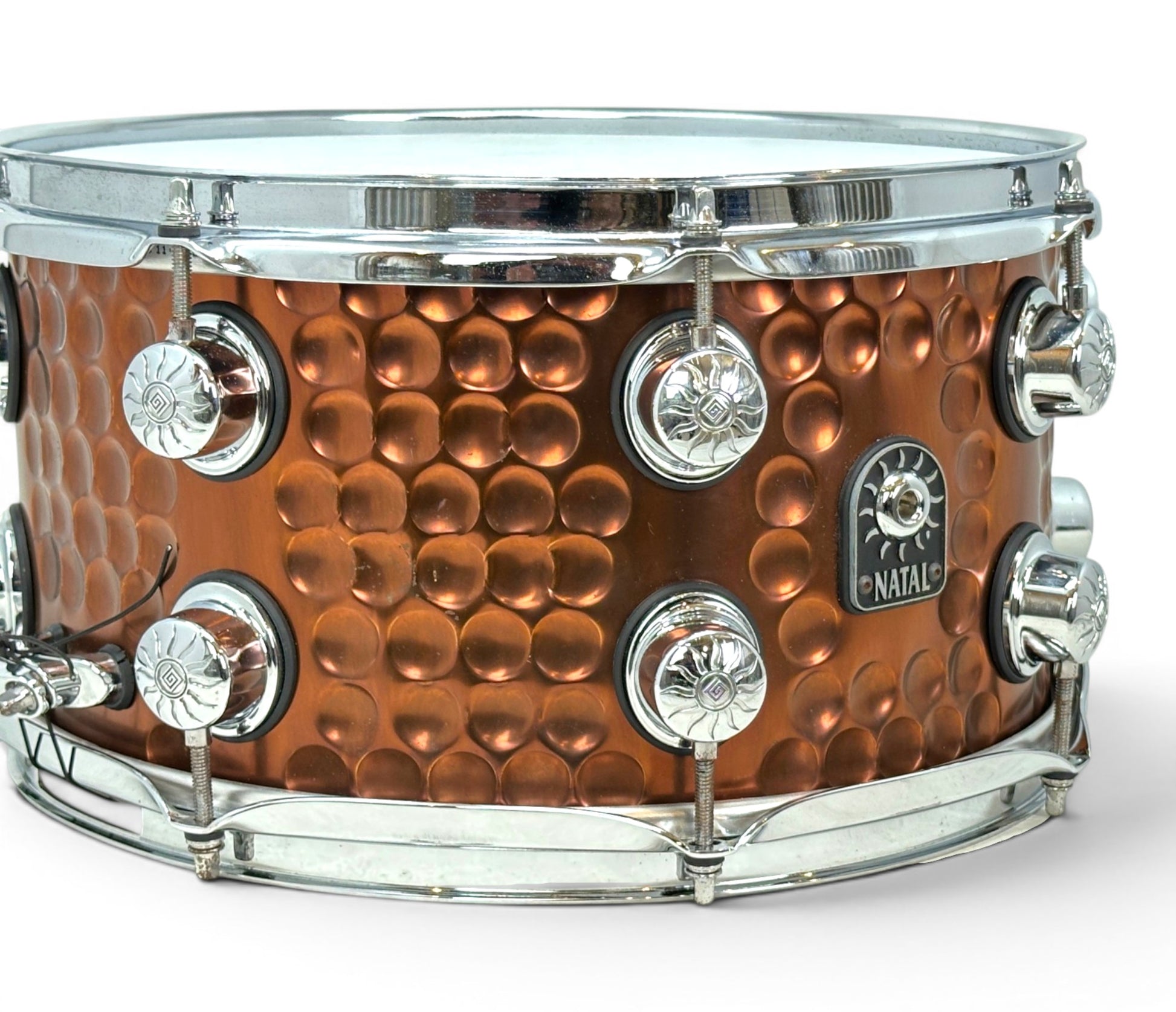 Pre-loved Natal Cafe Racer snare with bronze-finished hammered steel shell