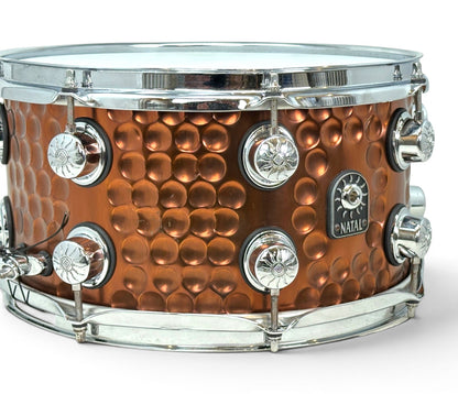 Pre-loved Natal Cafe Racer snare with bronze-finished hammered steel shell