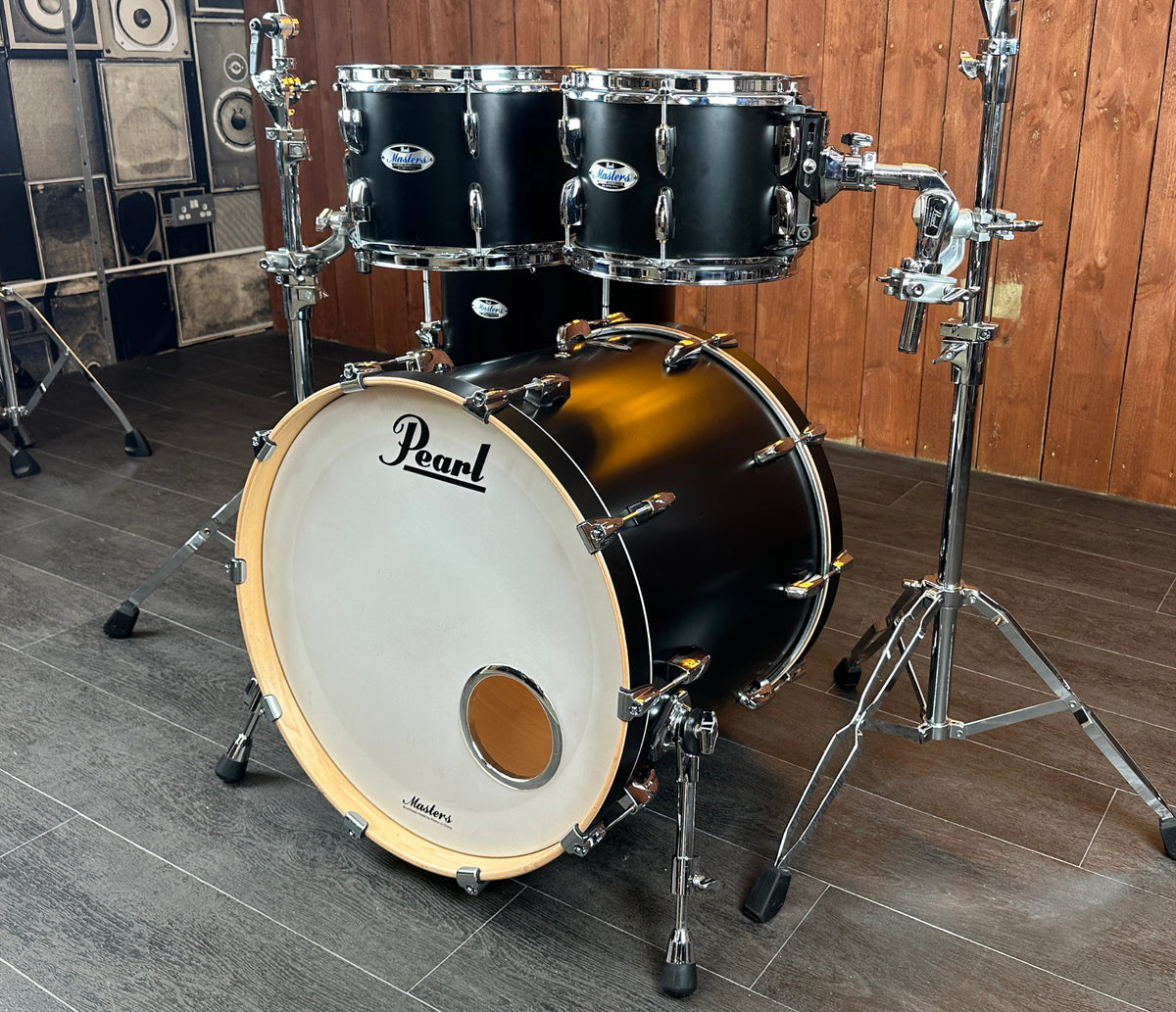 Pearl Masters Complete Maple shell pack in Matt Caviar Black, angled front view