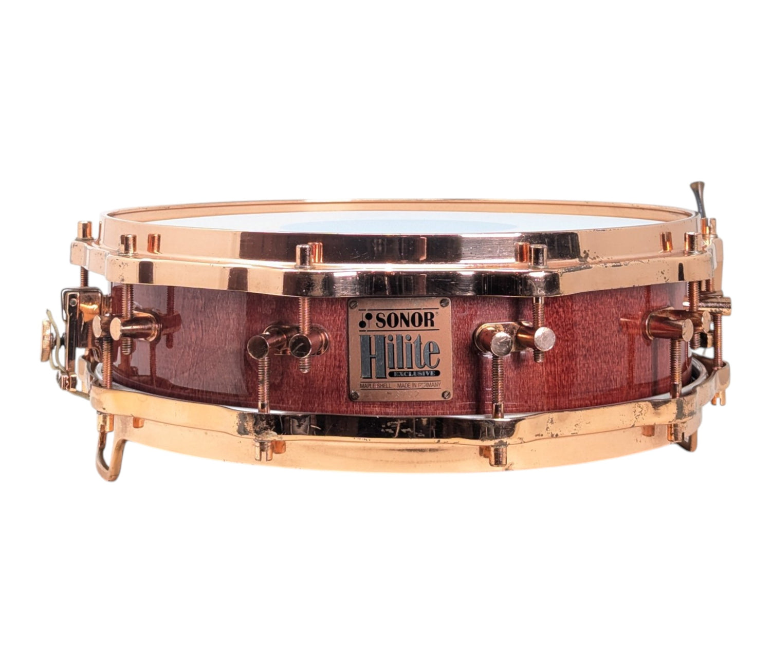 Pre Loved Sonor Hi-Lite Exclusive 14" x 4" Piccolo Snare Drum in Red Maple w/ Copper Fittings