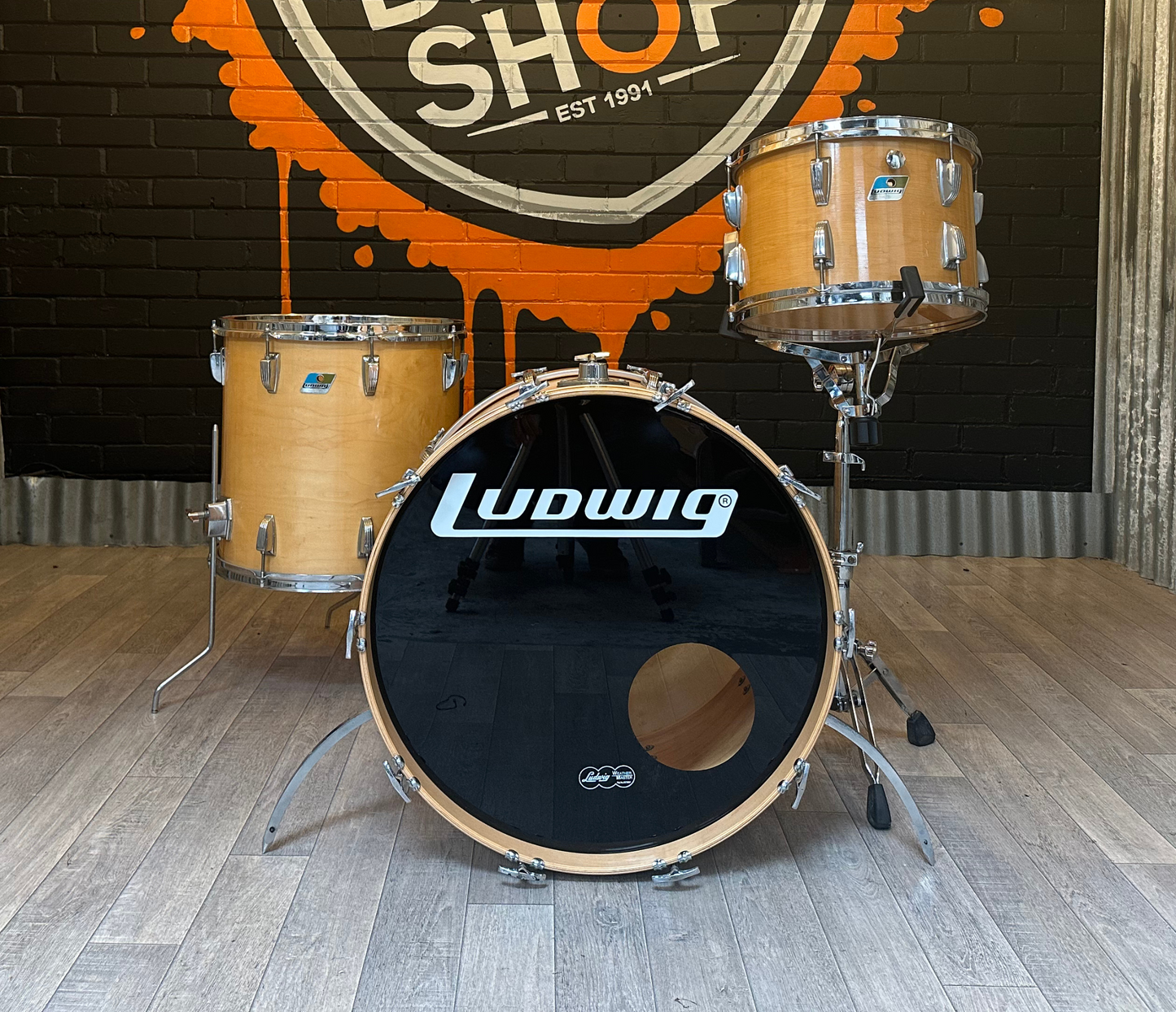 Pre Loved Vintage Ludwig 3 Piece Shell Pack In Maple Thermogloss Lacquer - Blue Olive Badge