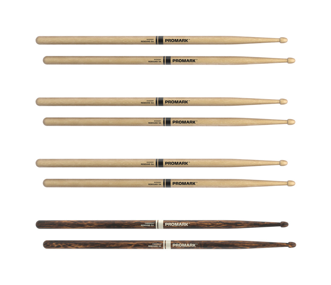 ProMark Rebound 5A Hickory Drumstick, Acorn Wood Tip, FireGrain Bonus 4-Pack