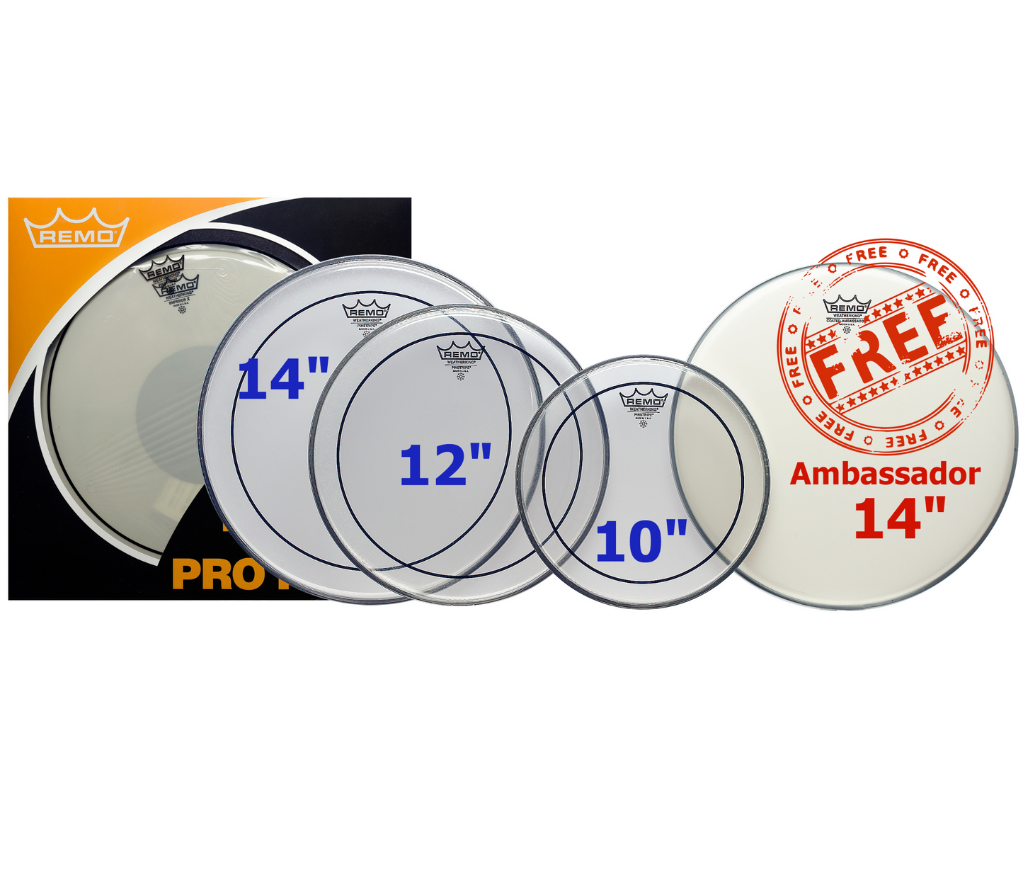 Remo Clear Pinstripe Pro Pack 10", 12", 14" + Free 14" Head