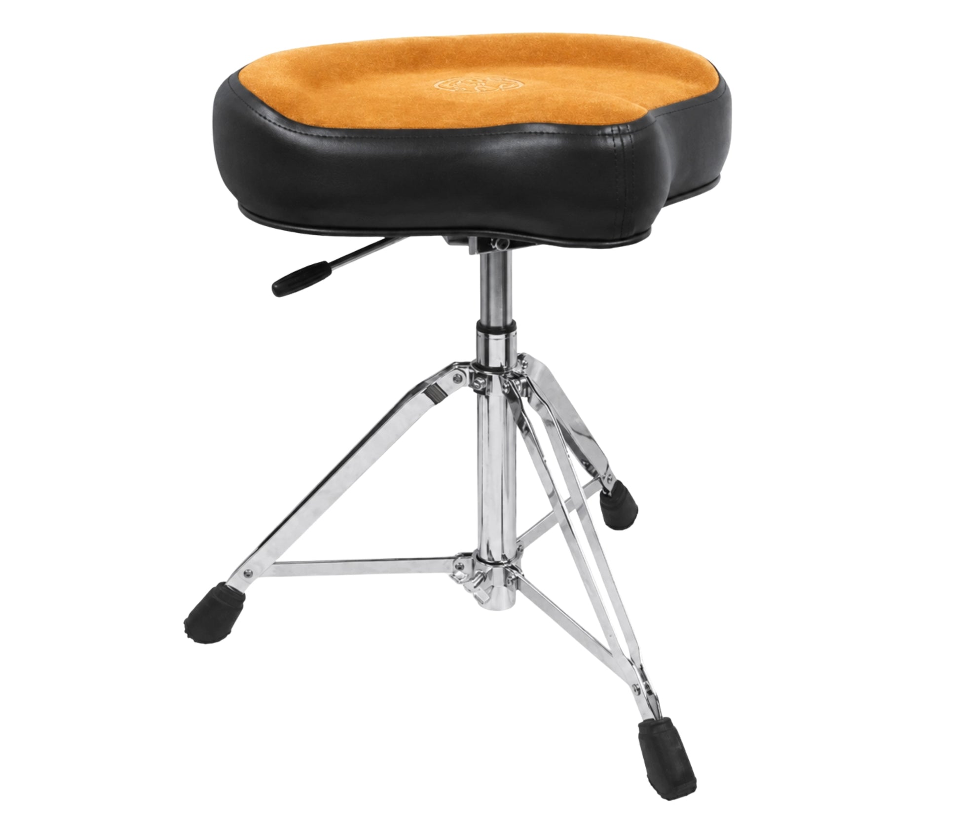 Drum throne with black seat and yellow cushion on a white background