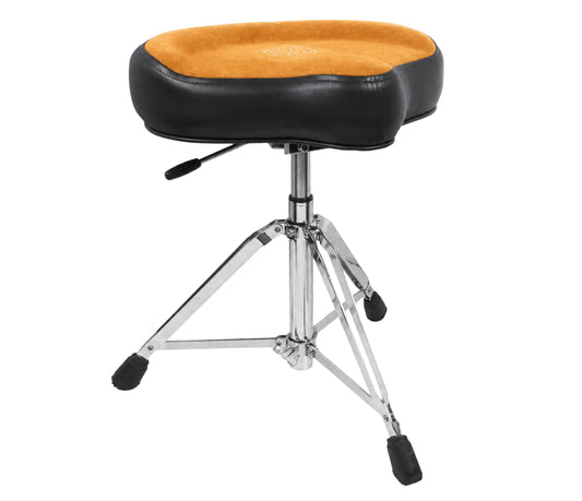 Drum throne with black seat and yellow cushion on a white background