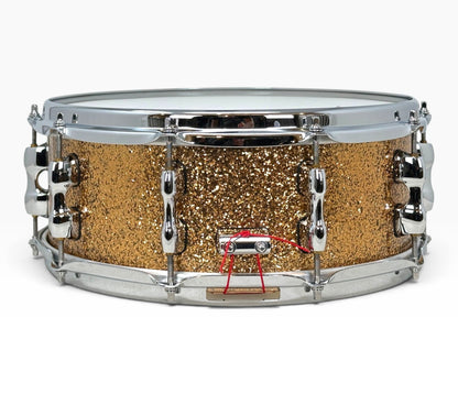 Sakae Evolved 14" x 5.5" Snare Drum in Gold Champagne – rear view with snare butt plate
