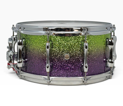 Sakae Evolved 14" x 6.5" Snare Drum in Grapes Green to Purple Sparkle – side view with shell air vent
