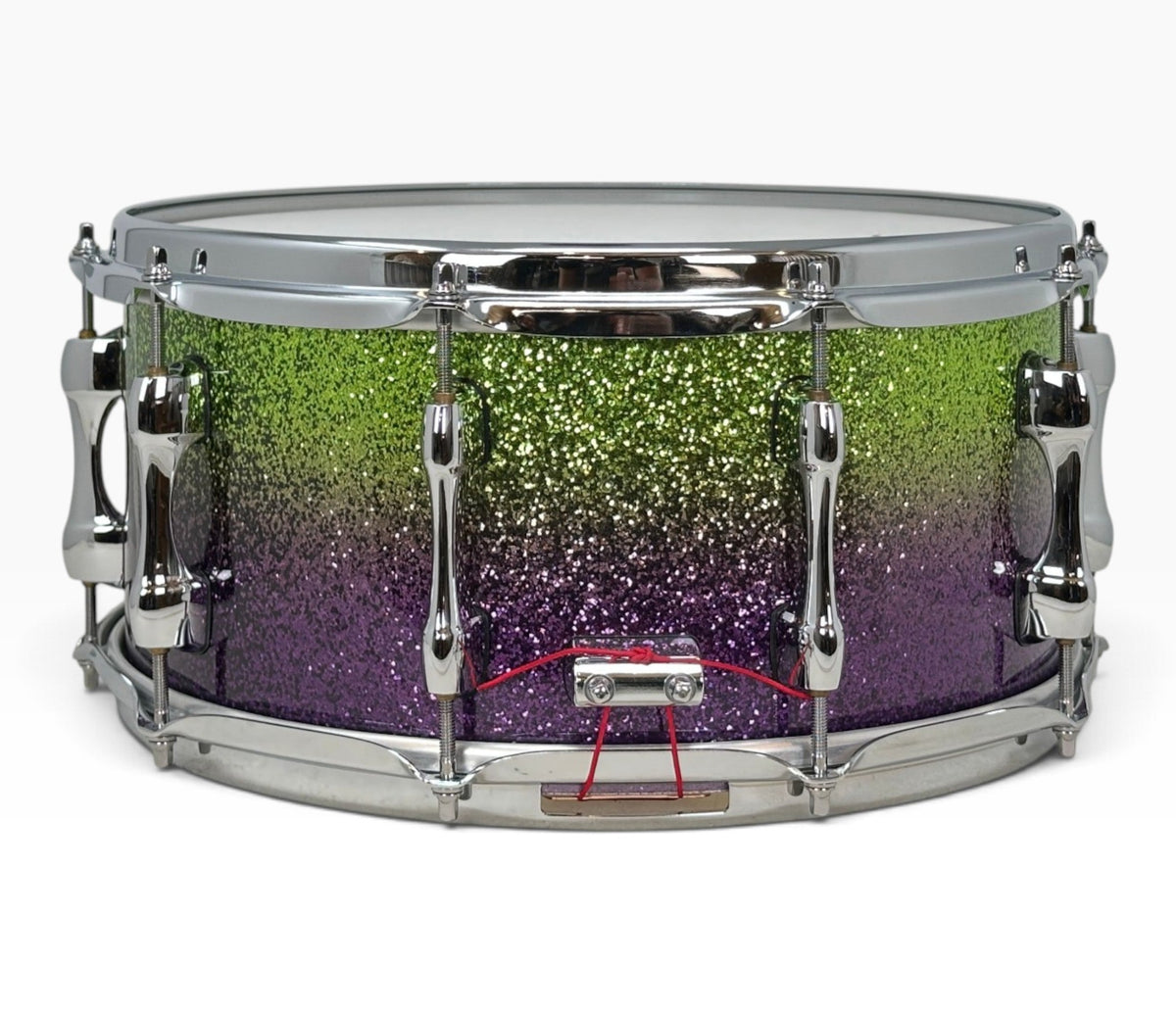 Sakae Evolved 14" x 6.5" Snare Drum in Grapes Green to Purple Sparkle – rear view with snare butt plate