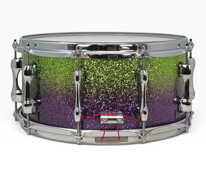 Sakae Evolved 14" x 6.5" Snare Drum in Grapes Green to Purple Sparkle – rear view with snare butt plate