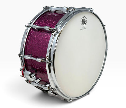 Sakae Evolved 14" x 6.5" Snare Drum in Magenta Sparkle – angled batter head view