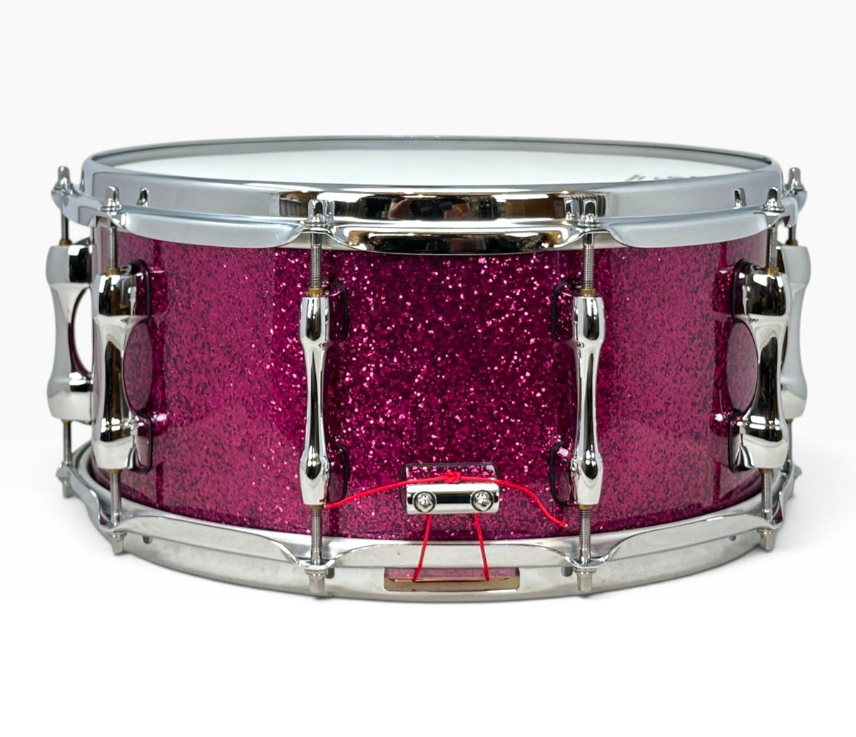 Sakae Evolved 14" x 6.5" Snare Drum in Magenta Sparkle – rear view with snare butt plate