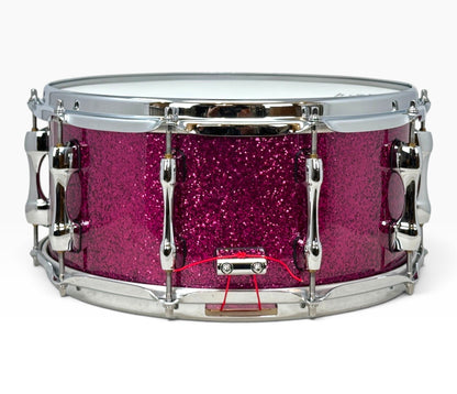 Sakae Evolved 14" x 6.5" Snare Drum in Magenta Sparkle – rear view with snare butt plate