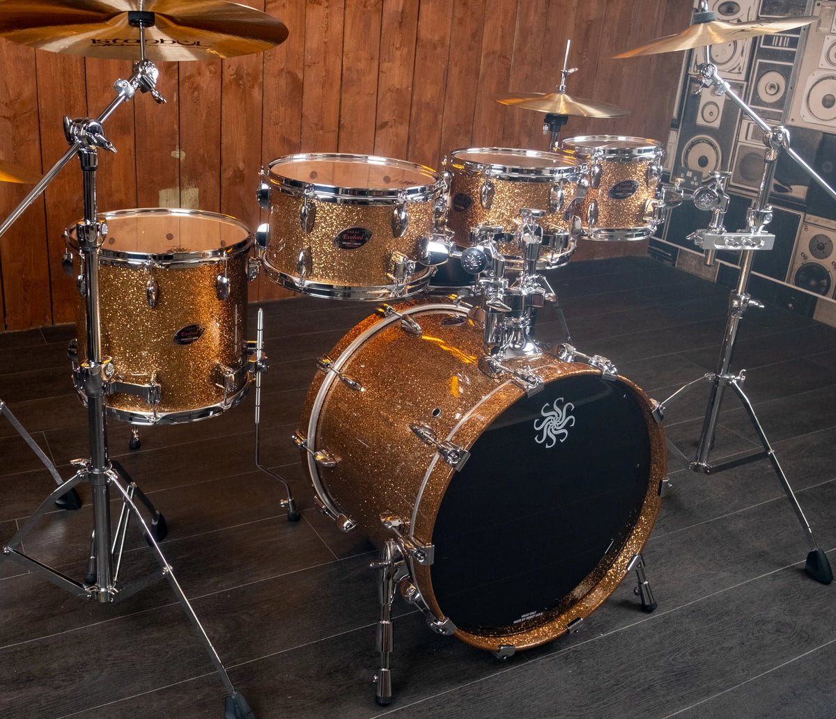Sakae Evolved Gen2 Gold Champagne Sparkle drum kit – side angle