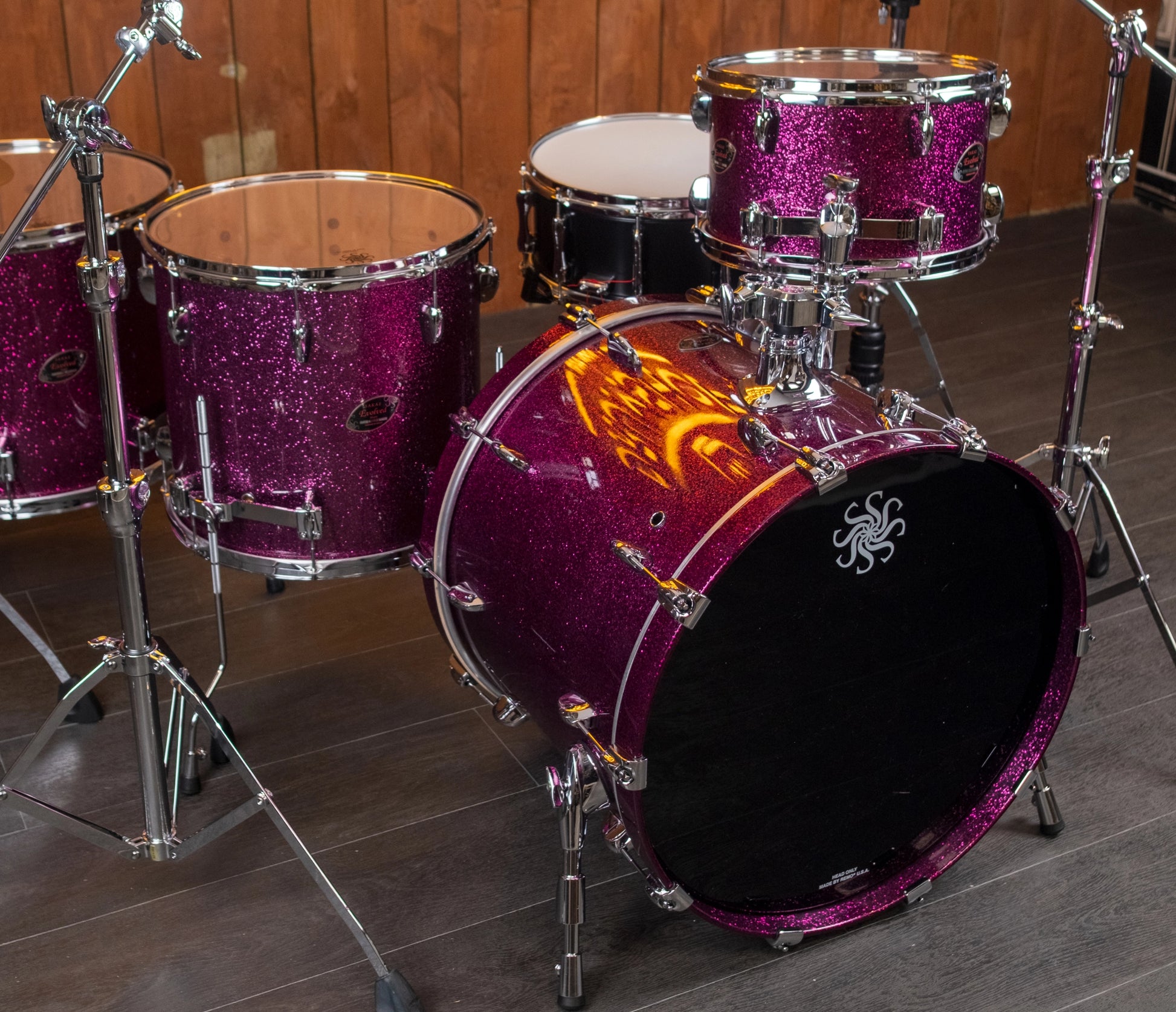 Sakae Evolved Gen2 Magenta Sparkle drum kit – three-quarter view