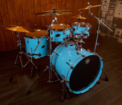 Sakae Evolved Gen2 Sonic Blue Lacquer drum kit – three-quarter view