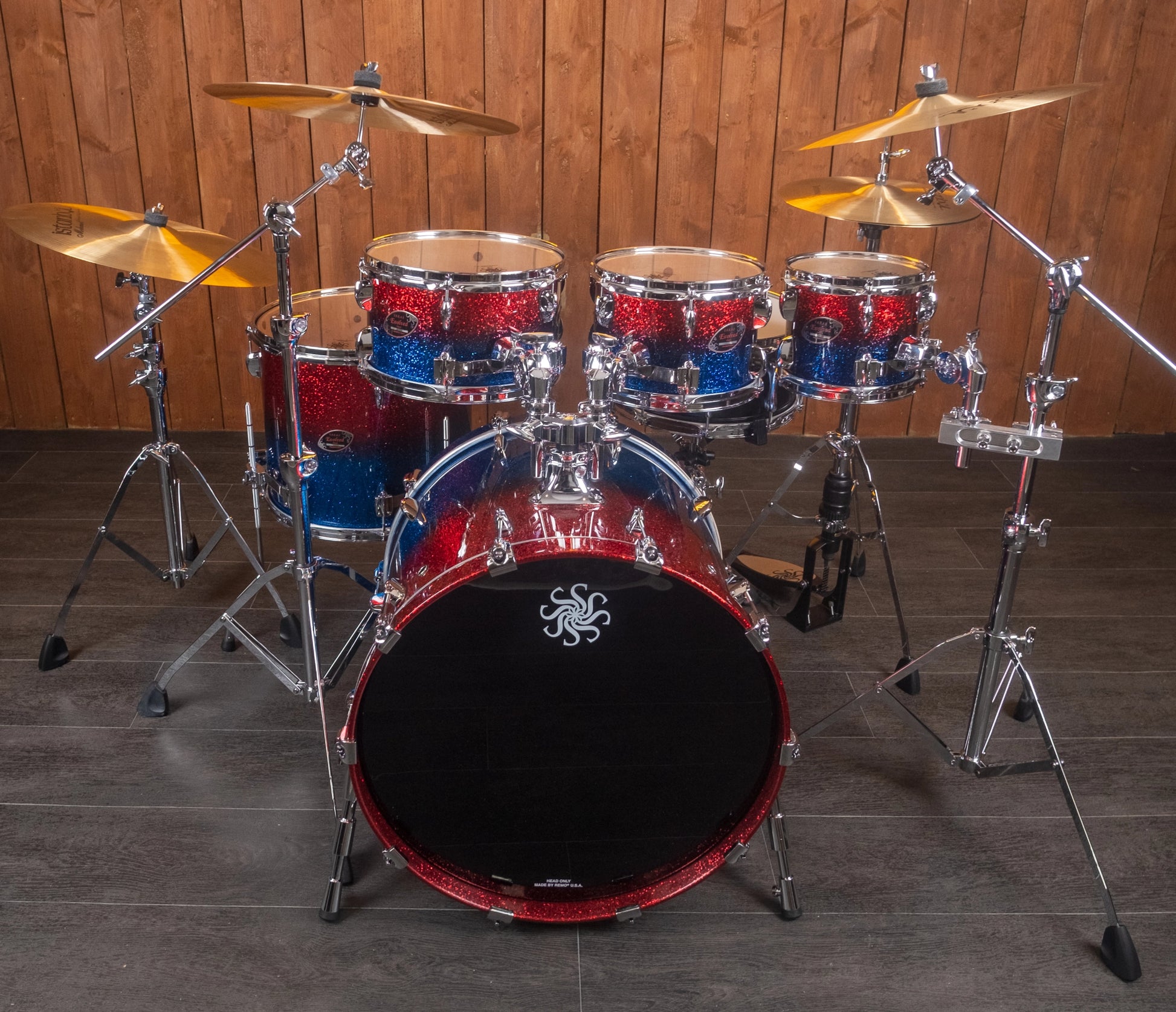 Sakae Evolved Gen2 Fire & Water Sparkle drum kit – wide front view