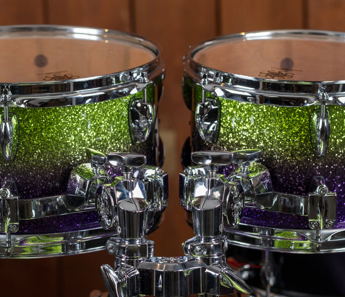 Sakae Evolved Gen2 rack toms showing green to purple sparkle fade