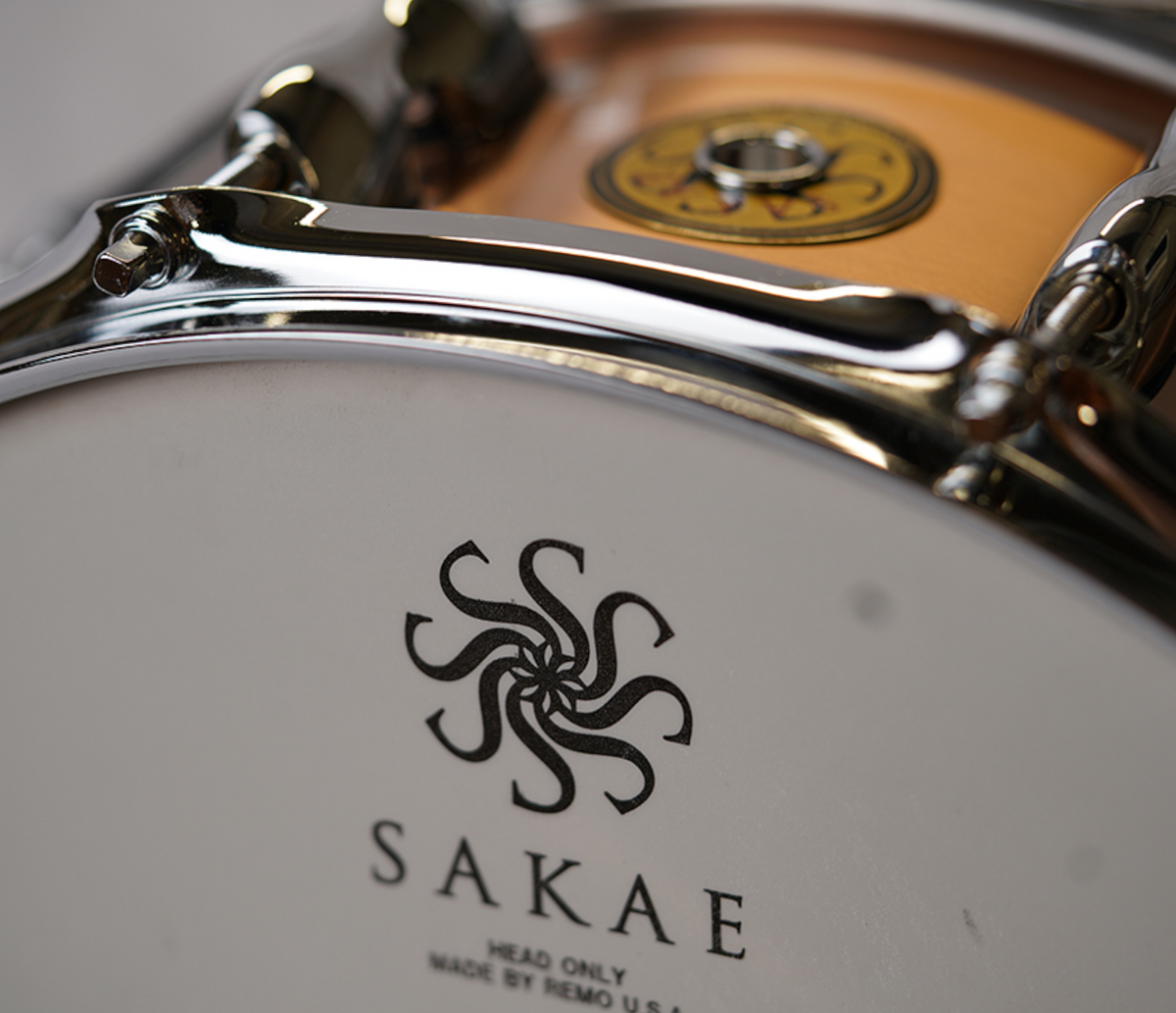 Sakae MIJ 14" x 5.5" Cast Phosphor Bronze Snare Drum – head logo and hoop detail