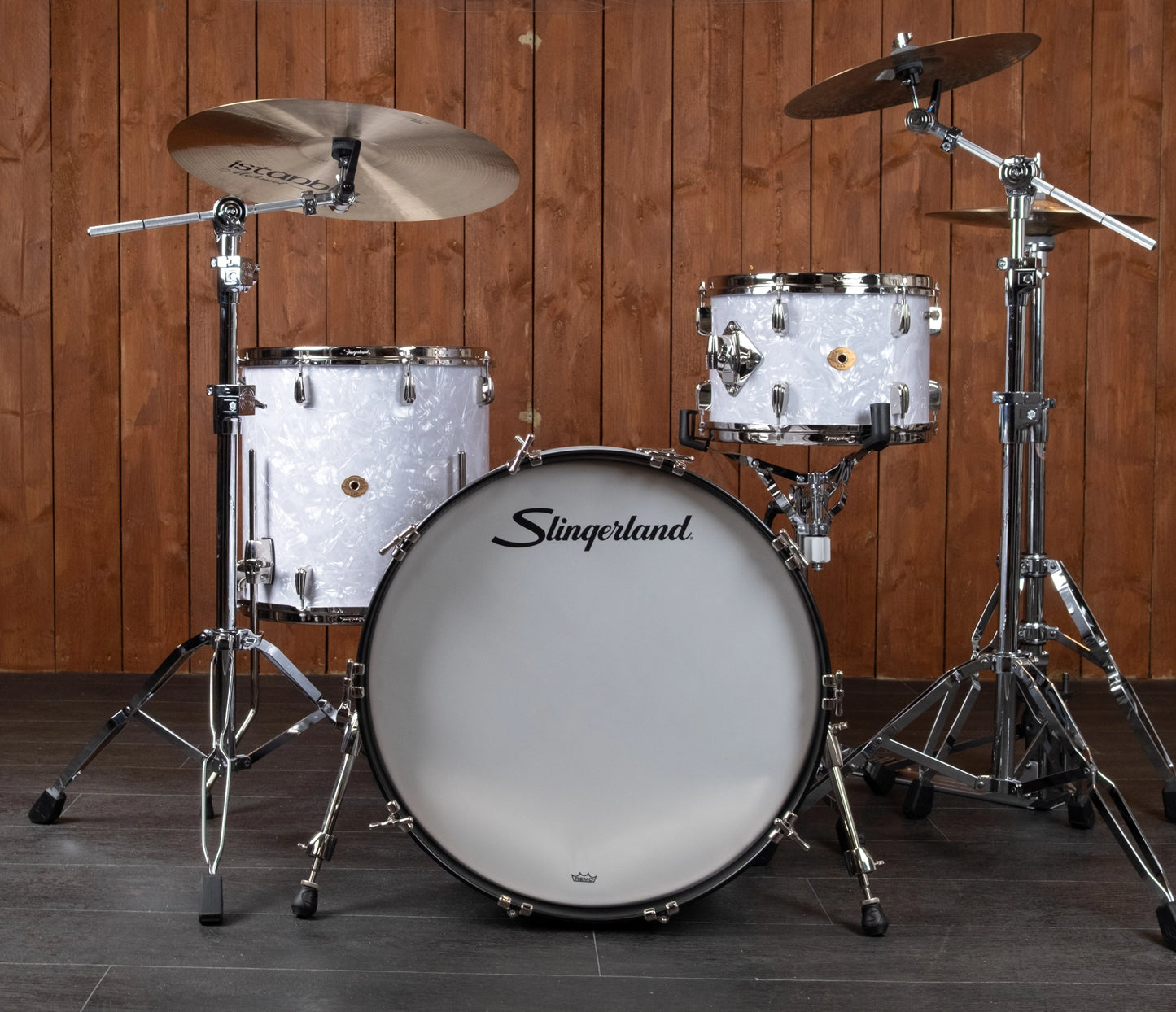 Slingerland Radio King 22" 3-Piece Shell Pack in White Marine Pearl lifestyle wood background