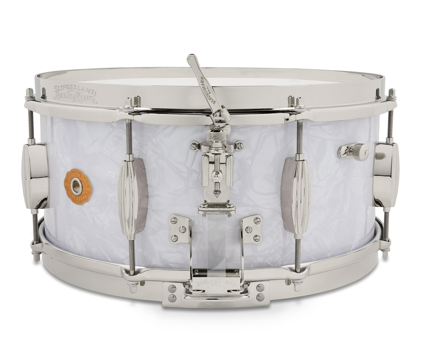 Slingerland Gene Krupa Snare drum with white shell and silver hardware on a white background