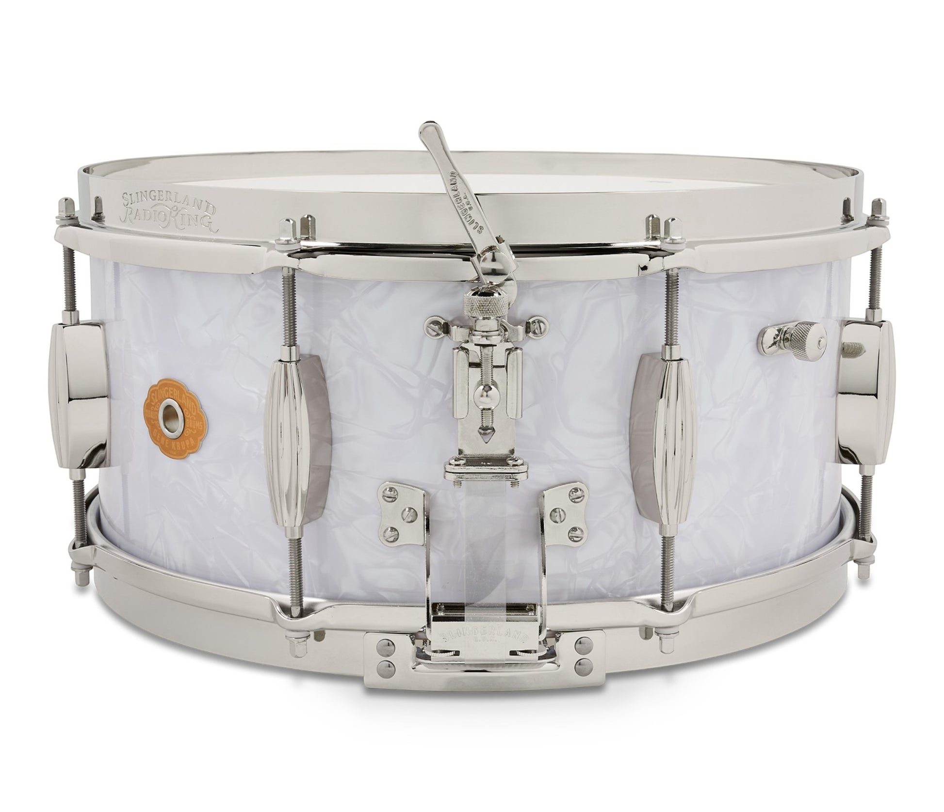 Slingerland Gene Krupa Snare drum with white shell and silver hardware on a white background