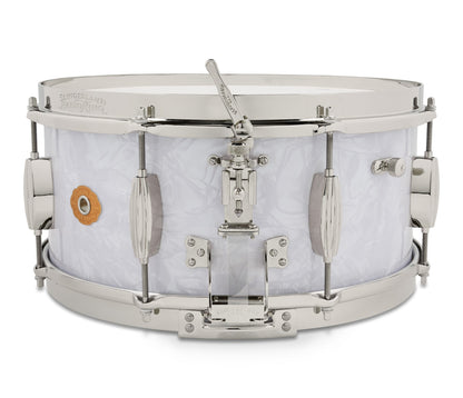Slingerland Gene Krupa Snare drum with white shell and silver hardware on a white background