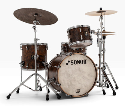 Sonor Momentum 20" 3-Piece Shell Pack in California Burl – full setup shown with cymbals and stands