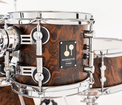 Sonor Momentum 20" 3-Piece Shell Pack in California Burl – burl veneer finish and rack tom mounting hardware