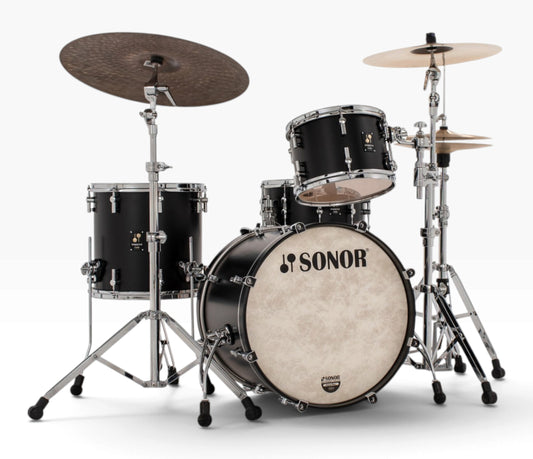 Sonor Momentum 20" 3-Piece Shell Pack in GT Black – full setup shown with cymbals and stands