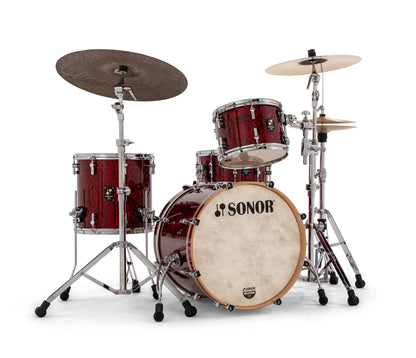 Sonor Momentum 20" 3-Piece Shell Pack in Red Pearl – full setup shown with cymbals and stands
