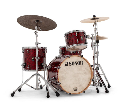 Sonor Momentum 20" 3-Piece Shell Pack in Red Pearl – full setup shown with cymbals and stands