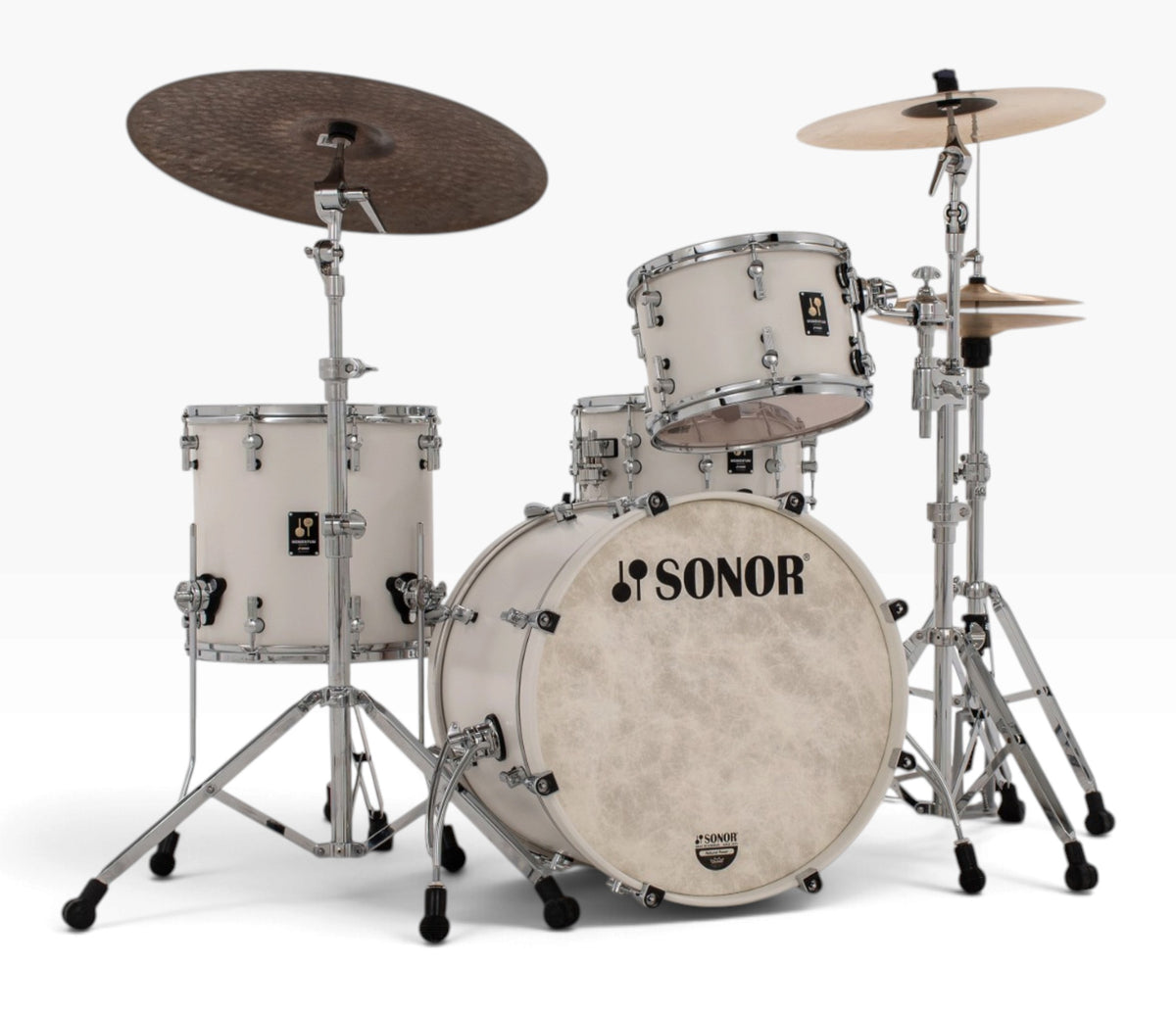 Sonor Momentum 20" 3-Piece Shell Pack in Satin Pure White – full setup shown with cymbals and stands