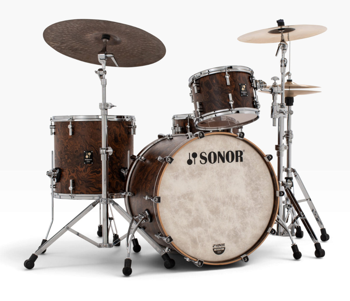 Sonor Momentum 22" 3-Piece Shell Pack in California Burl – full setup shown with cymbals and stands