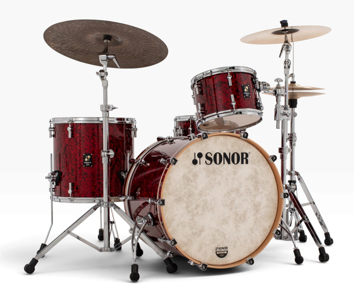 Sonor Momentum 22" 3-Piece Shell Pack in Red Pearl – full setup shown with cymbals and stands