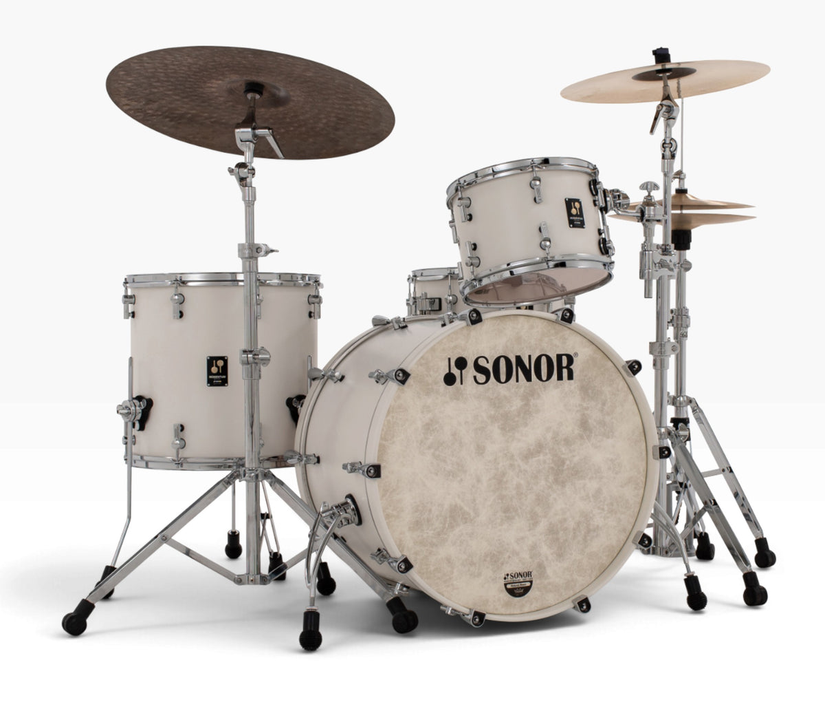 Sonor Momentum 22" 3-Piece Shell Pack in Satin Pure White – full setup shown with cymbals and stands