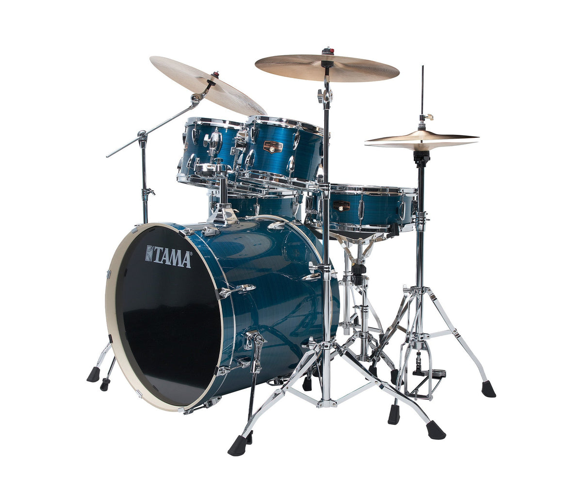 TAMA Imperialstar 22" 6-Piece Drum Kit in Hairline Blue, angled view showing the bass drum and toms