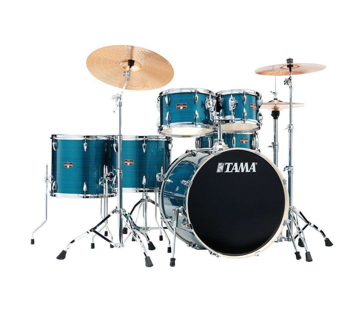 TAMA Imperialstar 22" 6-Piece Drum Kit in Hairline Blue, front view of the full kit with cymbals shown