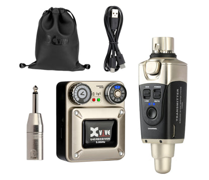 XVIVE U45 5.8GHz wireless in-ear monitor system with receiver, transmitter, charging cable, adapter and drawstring pouch