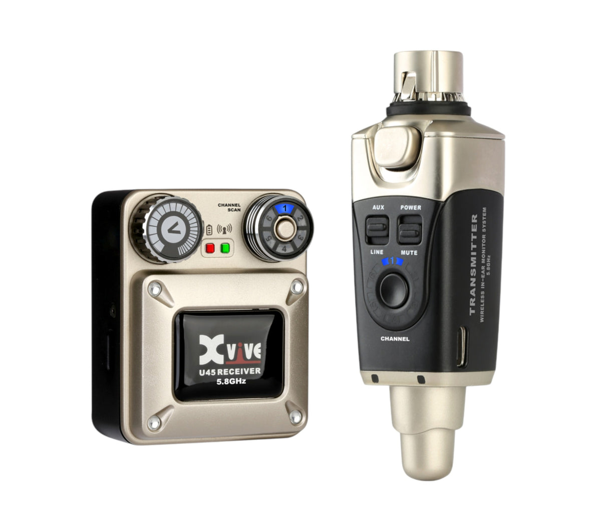 XVIVE U45 5.8GHz wireless in-ear monitor transmitter and belt-pack receiver on white background