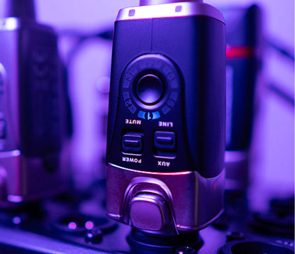 XVIVE U45 wireless transmitter controls and XLR connector in close-up