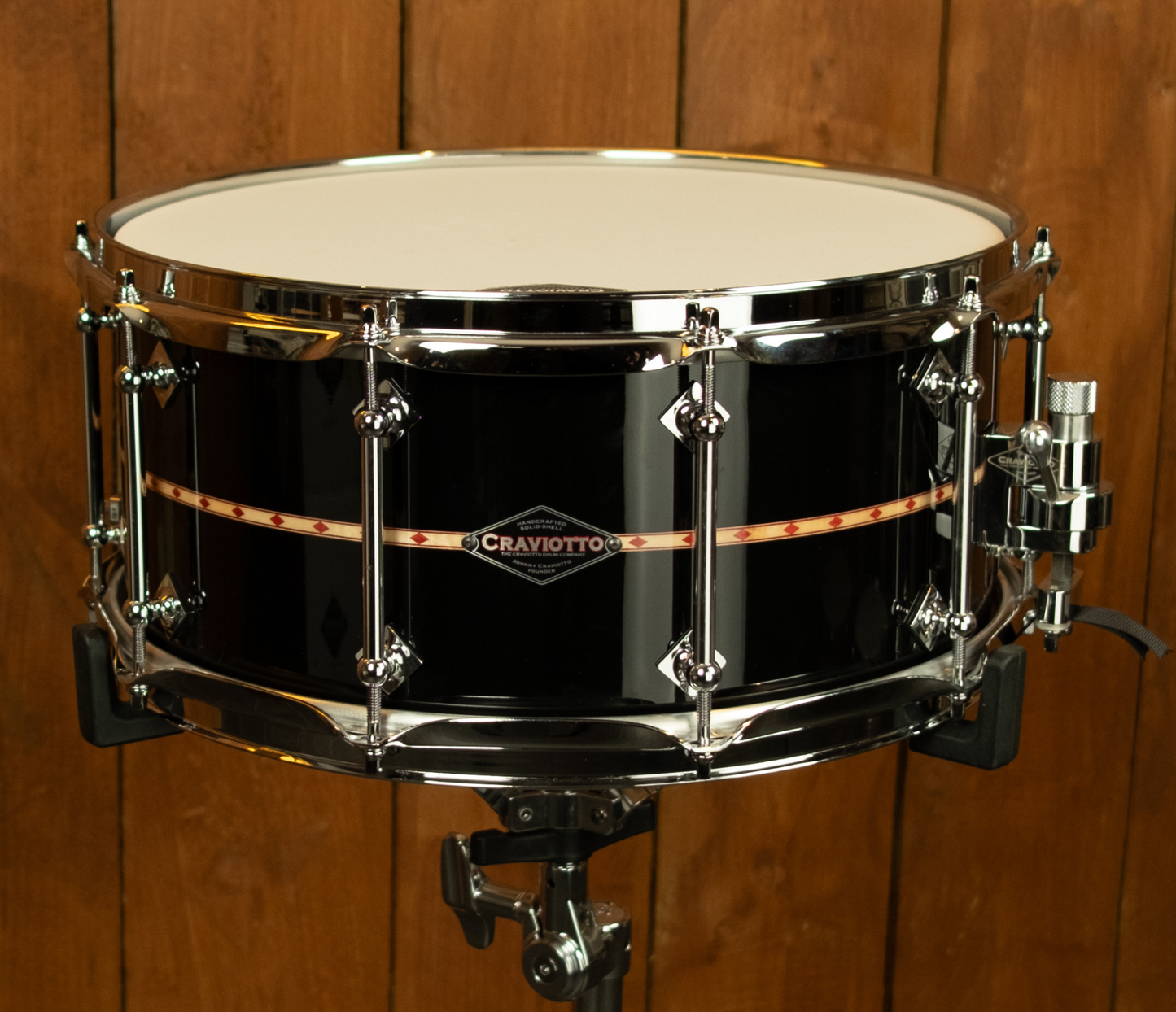 Craviotto Custom Shop 14" x 6.5" Maple Snare Drum in Gloss Black with Red Diamond Inlay