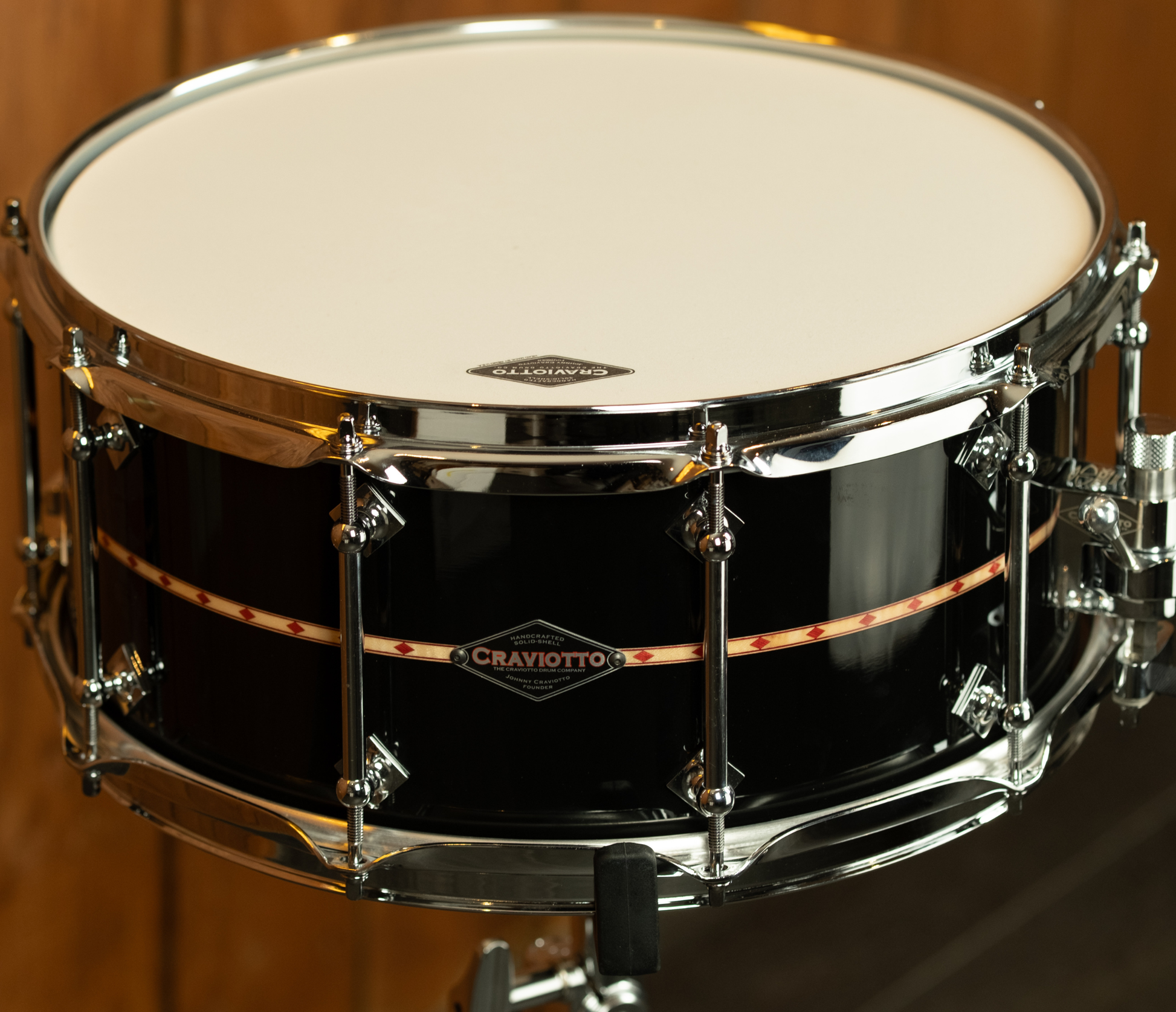 Craviotto Custom Shop 14" x 6.5" Maple Snare Drum in Gloss Black with Red Diamond Inlay