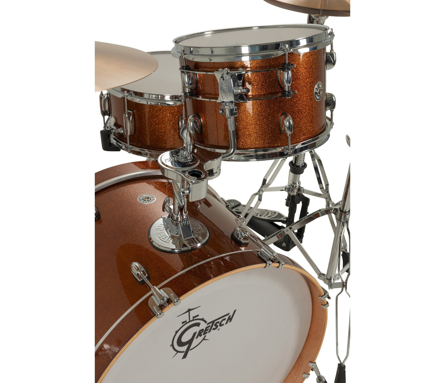 Gretsch Catalina Club Bronze Sparkle rack tom and bass drum mounting hardware detail