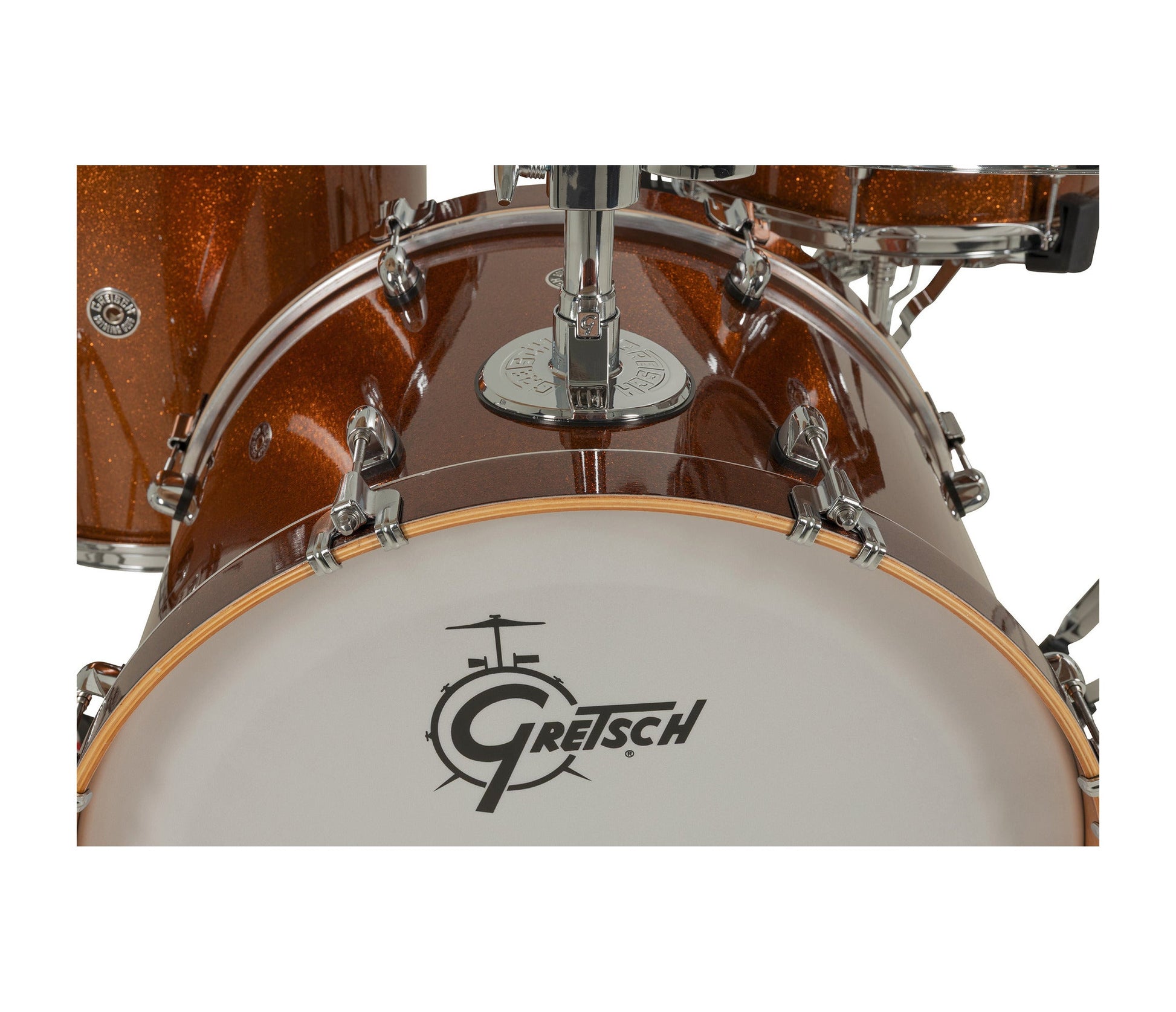 Gretsch Catalina Club Bronze Sparkle bass drum shell and front head detail