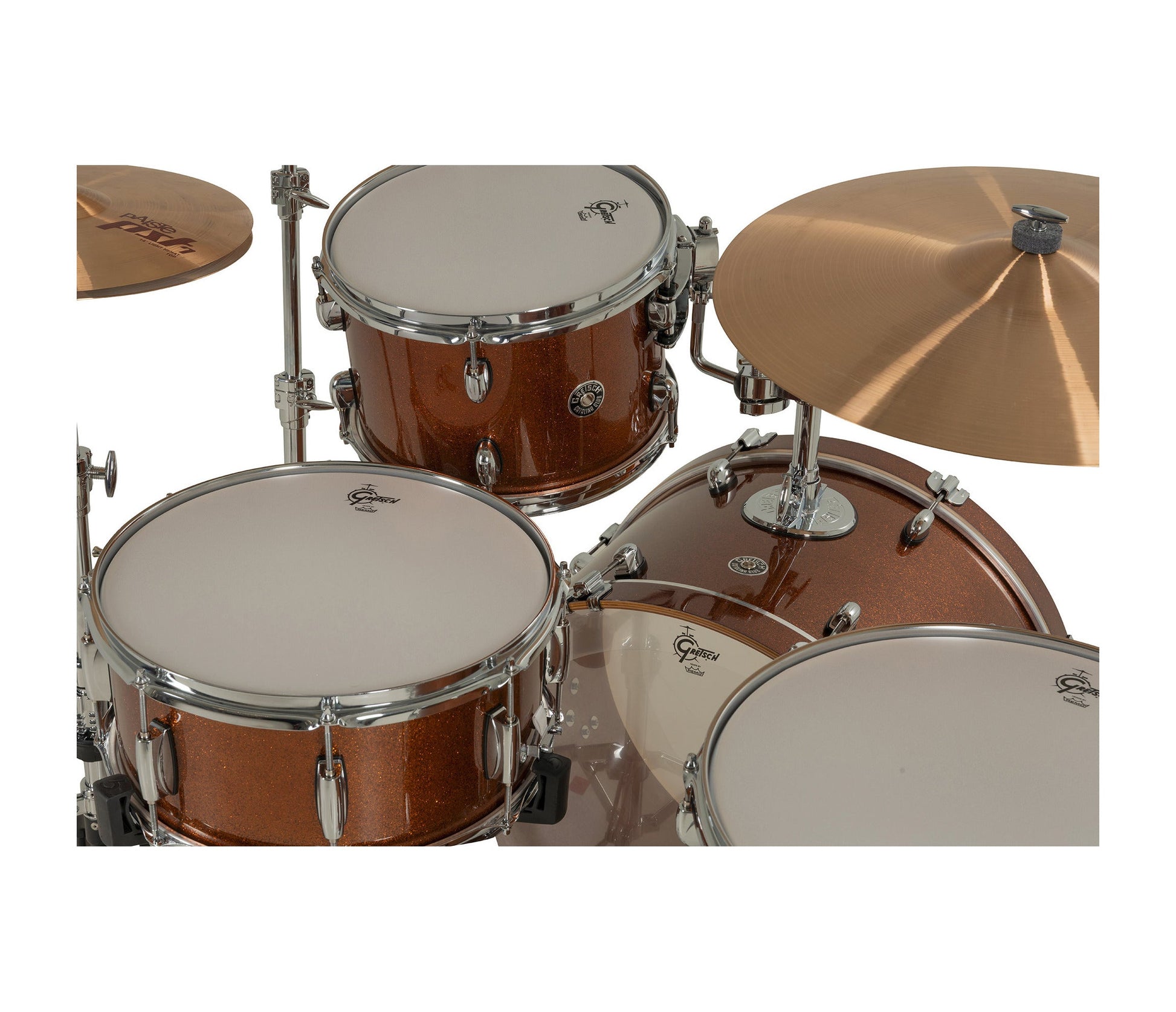Gretsch Catalina Club Bronze Sparkle shells and Remo drumheads detail