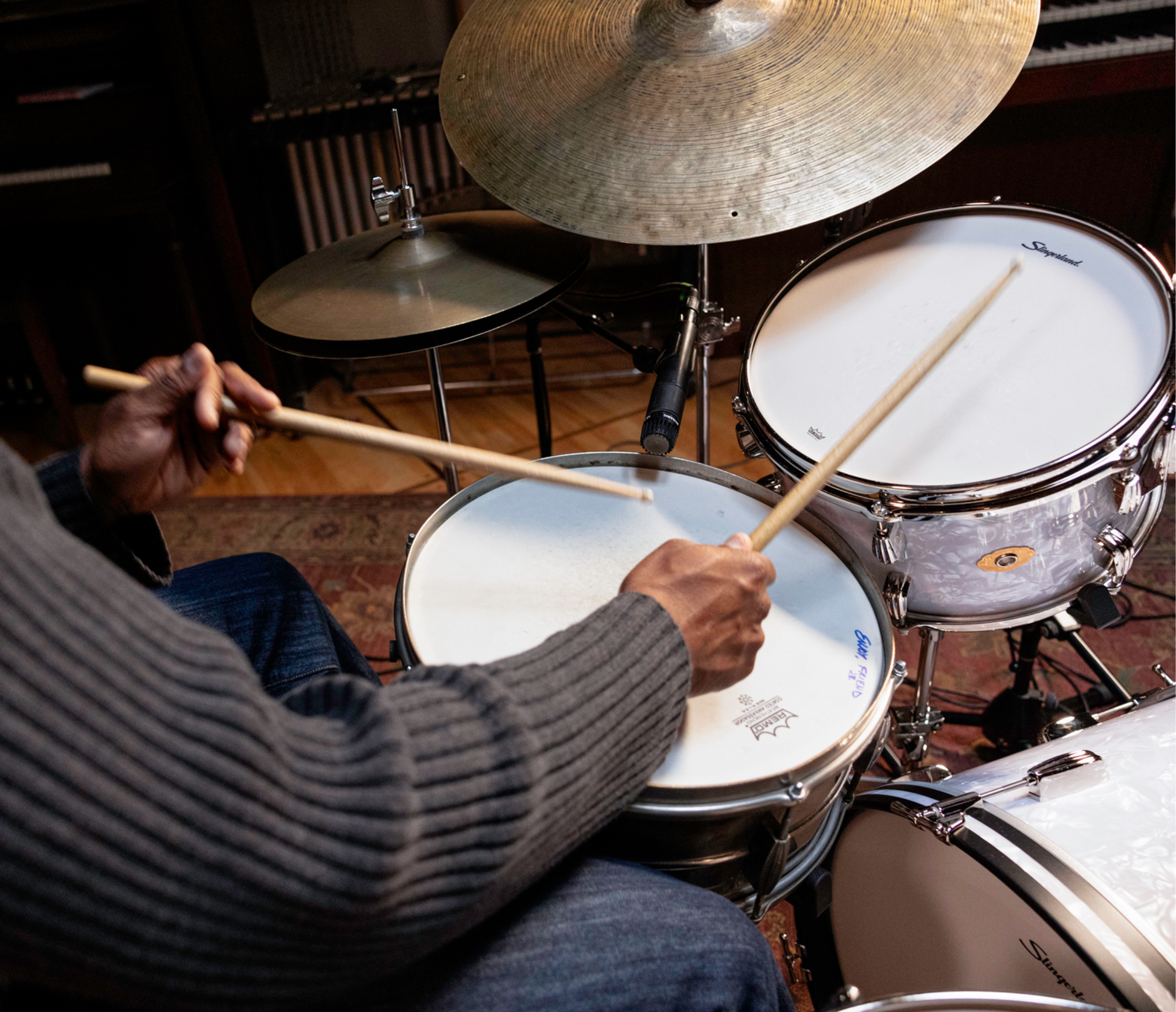 Slingerland Radio King White Marine Pearl playing drums 