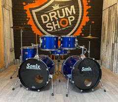 Pre Loved Sonix Double Bass Drum Kit Inc Stands And Cymbals In Blue Finish