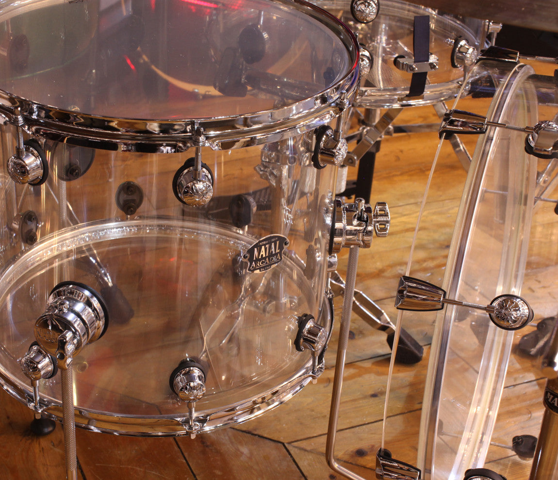 Natal Arcadia 3-Piece Shell Pack in Transparent Clear Acrylic Finish, Natal, Transparent Clear Acrylic, Acoustic Drum Kits, Acrylic 