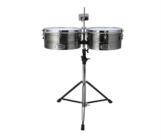 Natal Black Nickel Timbales  13" + 14" with Stand, Natal, Timbales, Black Nickel, 13" + 14", Natal Drums