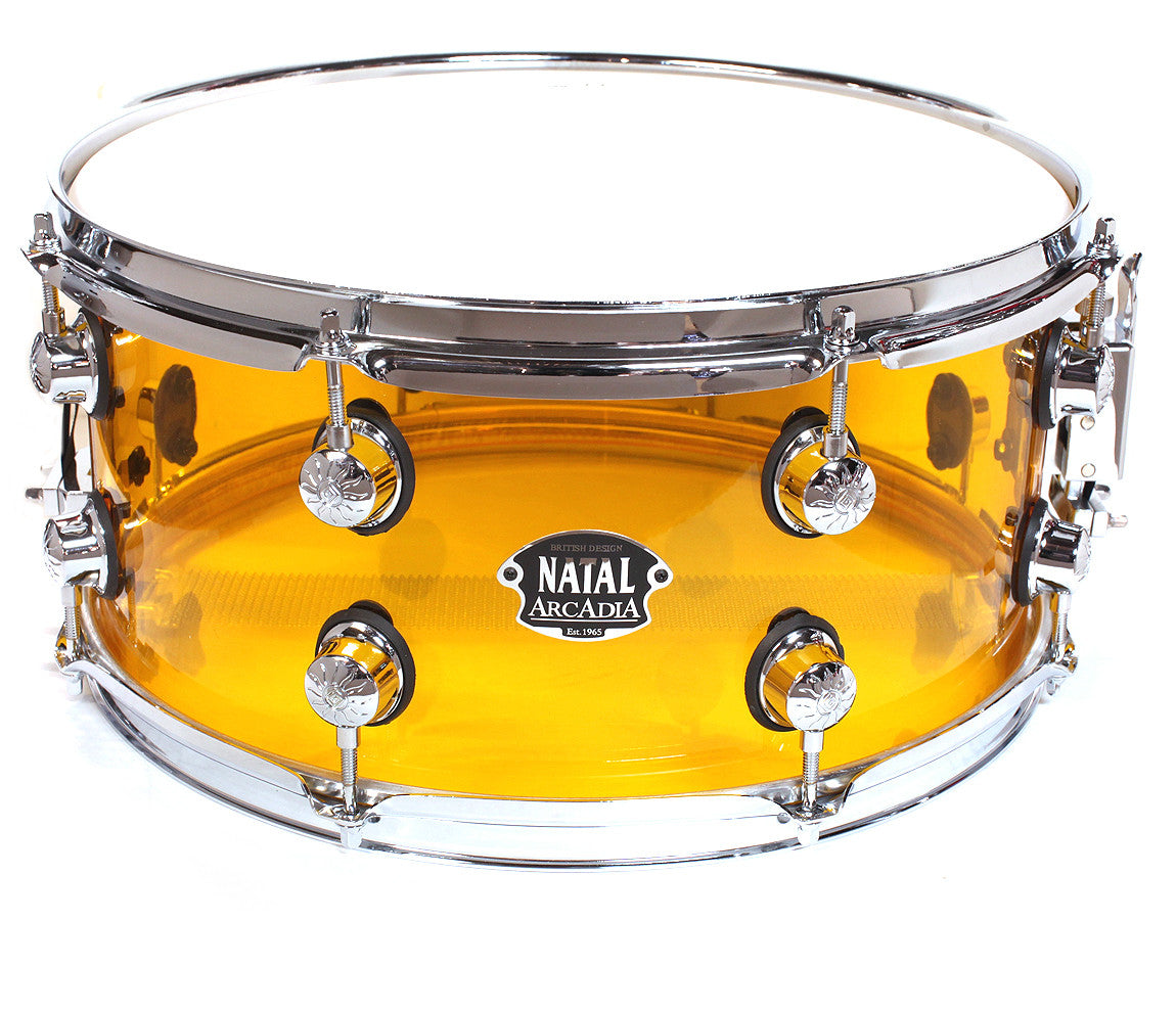Natal Arcadia 14" x 5.5" Snare Drum in Orange Acrylic, Vendor: Natal, Type: Snare Drums, Size: 14" x 5.5", Finish: Yellow, Finish: Orange, Finish: Acrylic